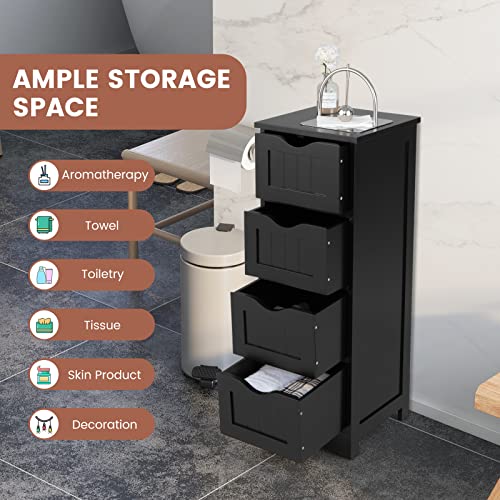 Tangkula Bathroom Floor Cabinet, Wooden Storage Cabinet with 4 Drawers, Modern Side Table, Free Standing Organizer Unit for Home Office Bathroom Living Room Bedroom (4 Drawers, Black)