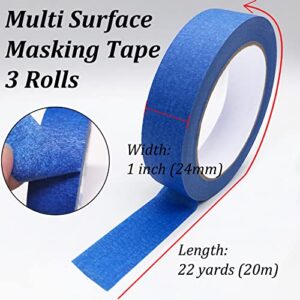 3 Rolls Blue Painters Tape, Multi-Surface Medium Adhesive Paint Tape, Blue Masking Tape for DIY Crafts, Arts, Decorations, Safe Wall Painting, Labeling, Edge Finishing - 1 inch x 22 Yards (66FT)