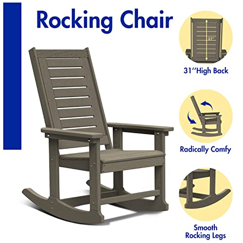 BRIOPAWS Patio Rocking Chair Wood Grain, All-Weather Oversized Outdoor Rocker, HDPE Plastic Wood Texture Rocking Chairs w/High Back for Front Porch Outside Indoor Living Room Backyard Balcony