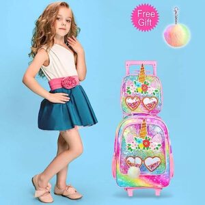 ZLYERT 3PCS Rolling Backpack for Girls, Unicorn Roller School Bag with Wheels for Kids, Wheeled Bookbag with Lunch Box for Children - Pink