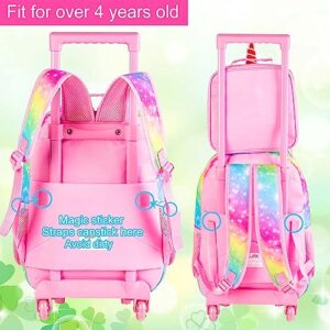 ZLYERT 3PCS Rolling Backpack for Girls, Unicorn Roller School Bag with Wheels for Kids, Wheeled Bookbag with Lunch Box for Children - Pink