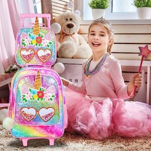 ZLYERT 3PCS Rolling Backpack for Girls, Unicorn Roller School Bag with Wheels for Kids, Wheeled Bookbag with Lunch Box for Children - Pink