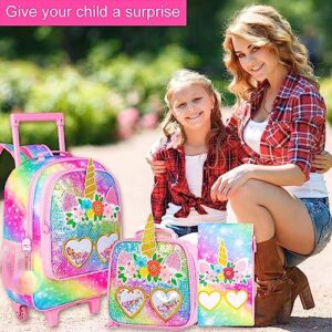 ZLYERT 3PCS Rolling Backpack for Girls, Unicorn Roller School Bag with Wheels for Kids, Wheeled Bookbag with Lunch Box for Children - Pink