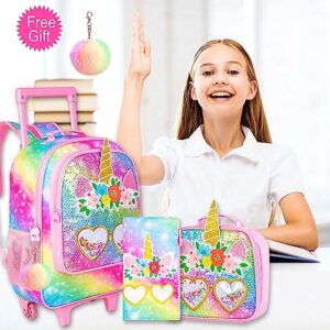 ZLYERT 3PCS Rolling Backpack for Girls, Unicorn Roller School Bag with Wheels for Kids, Wheeled Bookbag with Lunch Box for Children - Pink