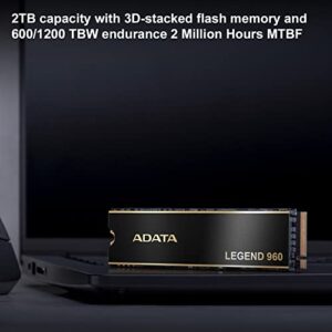 ADATA 2TB SSD Legend 960, NVMe PCIe Gen4 x 4 M.2 2280, Speed up to 7,400MB/s, Internal Solid State Drive for PS5 with Heatsink, Gaming, High Performance Computing, Super Endurance with 3D NAND