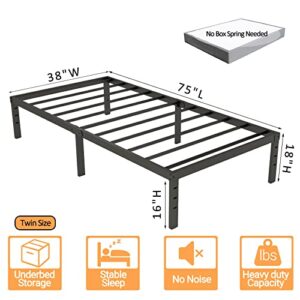 DURISO Twin Size Bed Frame 18 Inch Tall Twin Size Platform Heavy Duty Steel Slats Support Max 2000lbs Easy to Assemble No Box Spring Needed No Noise Black