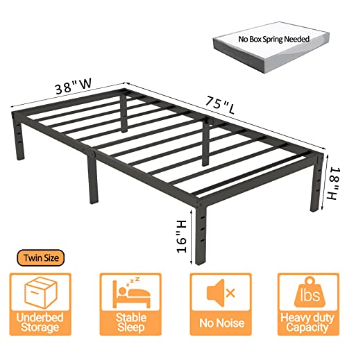 DURISO Twin Size Bed Frame 18 Inch Tall Twin Size Platform Heavy Duty Steel Slats Support Max 2000lbs Easy to Assemble No Box Spring Needed No Noise Black