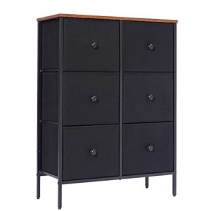 dovamy 6 drawer dresser for bedroom, fabric dresser organizer, tall dresser with vintage wooden top, steel frame, chest of drawers, closet, nursery and living room, black