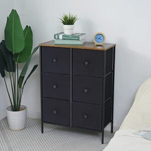 DOVAMY 6 Drawer Dresser for Bedroom, Fabric Dresser Organizer, Tall Dresser with Vintage Wooden Top, Steel Frame, Chest of Drawers, Closet, Nursery and Living Room, Black