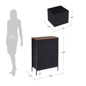 DOVAMY 6 Drawer Dresser for Bedroom, Fabric Dresser Organizer, Tall Dresser with Vintage Wooden Top, Steel Frame, Chest of Drawers, Closet, Nursery and Living Room, Black