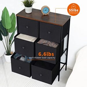 DOVAMY 6 Drawer Dresser for Bedroom, Fabric Dresser Organizer, Tall Dresser with Vintage Wooden Top, Steel Frame, Chest of Drawers, Closet, Nursery and Living Room, Black