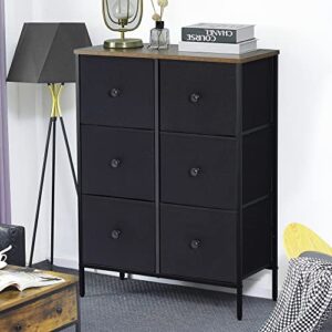 DOVAMY 6 Drawer Dresser for Bedroom, Fabric Dresser Organizer, Tall Dresser with Vintage Wooden Top, Steel Frame, Chest of Drawers, Closet, Nursery and Living Room, Black