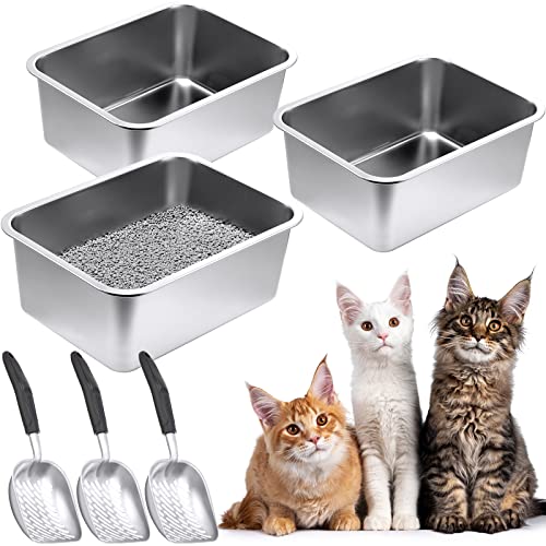 Zubebe 3 Pack Stainless Steel Cat Litter Box with 3 Pcs Cat Litter Scoop Cat Litter Box Metal Litter Scoops Never Absorbs Odor, Rustproof, Non Stick Smooth Surface (15.7 x 11.8 x 5.9 Inches)