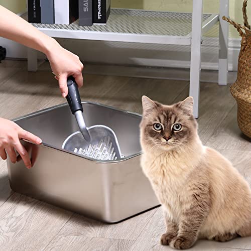 Zubebe 3 Pack Stainless Steel Cat Litter Box with 3 Pcs Cat Litter Scoop Cat Litter Box Metal Litter Scoops Never Absorbs Odor, Rustproof, Non Stick Smooth Surface (15.7 x 11.8 x 5.9 Inches)