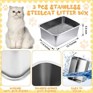 Zubebe 3 Pack Stainless Steel Cat Litter Box with 3 Pcs Cat Litter Scoop Cat Litter Box Metal Litter Scoops Never Absorbs Odor, Rustproof, Non Stick Smooth Surface (15.7 x 11.8 x 5.9 Inches)