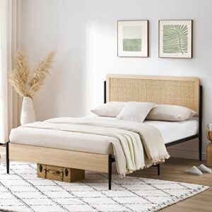 idealhouse queen size bed frame with rattan headboard, platform bed frame with safe rounded corners, strong metal slats support, mattress foundation, noise-free, no box spring needed, white oak