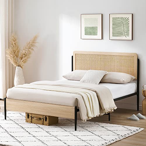 IDEALHOUSE Queen Size Bed Frame with Rattan Headboard, Platform Bed Frame with Safe Rounded Corners, Strong Metal Slats Support, Mattress Foundation, Noise-Free, No Box Spring Needed, White Oak