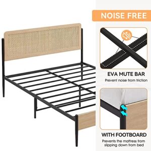 IDEALHOUSE Queen Size Bed Frame with Rattan Headboard, Platform Bed Frame with Safe Rounded Corners, Strong Metal Slats Support, Mattress Foundation, Noise-Free, No Box Spring Needed, White Oak