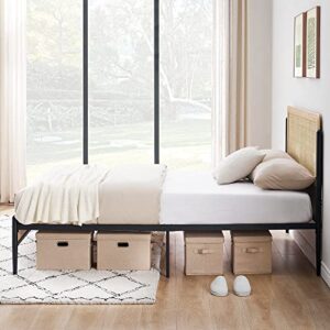 IDEALHOUSE Queen Size Bed Frame with Rattan Headboard, Platform Bed Frame with Safe Rounded Corners, Strong Metal Slats Support, Mattress Foundation, Noise-Free, No Box Spring Needed, White Oak