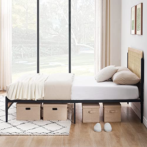 IDEALHOUSE Queen Size Bed Frame with Rattan Headboard, Platform Bed Frame with Safe Rounded Corners, Strong Metal Slats Support, Mattress Foundation, Noise-Free, No Box Spring Needed, White Oak