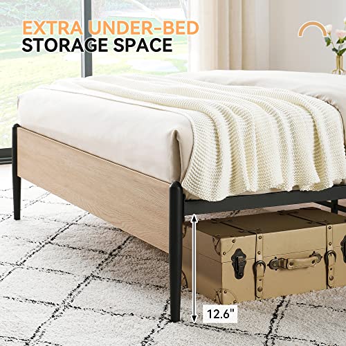 IDEALHOUSE Queen Size Bed Frame with Rattan Headboard, Platform Bed Frame with Safe Rounded Corners, Strong Metal Slats Support, Mattress Foundation, Noise-Free, No Box Spring Needed, White Oak