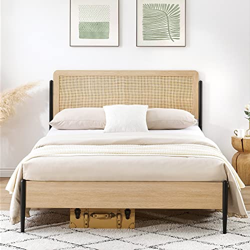 IDEALHOUSE Queen Size Bed Frame with Rattan Headboard, Platform Bed Frame with Safe Rounded Corners, Strong Metal Slats Support, Mattress Foundation, Noise-Free, No Box Spring Needed, White Oak