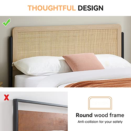 IDEALHOUSE Queen Size Bed Frame with Rattan Headboard, Platform Bed Frame with Safe Rounded Corners, Strong Metal Slats Support, Mattress Foundation, Noise-Free, No Box Spring Needed, White Oak