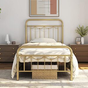 yaheetech twin size metal bed frame with vintage headboard and footboard, farmhouse metal platform bed, heavy duty steel slat support, ample under-bed storage, no box spring needed, antique gold