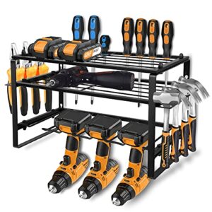 bestirtool power tool organizers | wall mount drill holder utility racks | 3 layers heavy duty metal drill rack | black tool rack