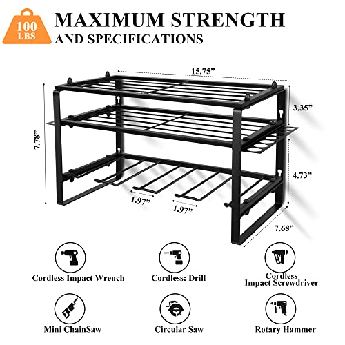 BESTIRTOOL Power Tool Organizers | Wall Mount Drill Holder Utility Racks | 3 Layers Heavy Duty Metal Drill Rack | Black Tool Rack