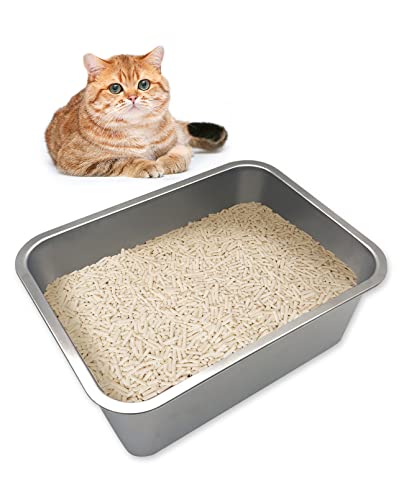 VCEPJH Stainless Steel Litter Box for Cats Metal Litter Pan with High Sides for Odor Control Non Stick Easy to Clean Rustproof (15.7'' x 11.8'' x 5.9'')