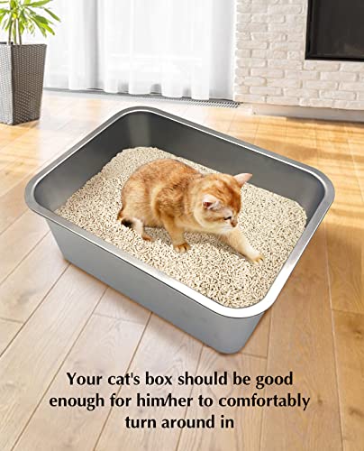 VCEPJH Stainless Steel Litter Box for Cats Metal Litter Pan with High Sides for Odor Control Non Stick Easy to Clean Rustproof (15.7'' x 11.8'' x 5.9'')