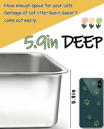 VCEPJH Stainless Steel Litter Box for Cats Metal Litter Pan with High Sides for Odor Control Non Stick Easy to Clean Rustproof (15.7'' x 11.8'' x 5.9'')