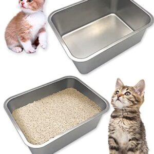 VCEPJH 2 Pcs Stainless Steel Litter Box for Cats Metal Litter Pan with High Sides Odor Control Non Stick Easy to Clean Rustproof (15.7'' x 11.8'' x 5.9'')