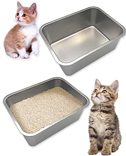 VCEPJH 2 Pcs Stainless Steel Litter Box for Cats Metal Litter Pan with High Sides Odor Control Non Stick Easy to Clean Rustproof (15.7'' x 11.8'' x 5.9'')