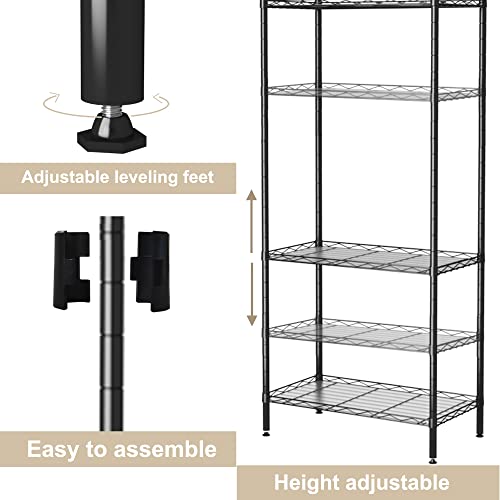 HOMEFORT 5-Shelving Unit,Adjustable Wire Shelving,Metal Wire Shelf with Shelf Liners and Hooks for Kitchen,Closet,Bathroom,Laundry,Black,21" W x 11" D x 59" H