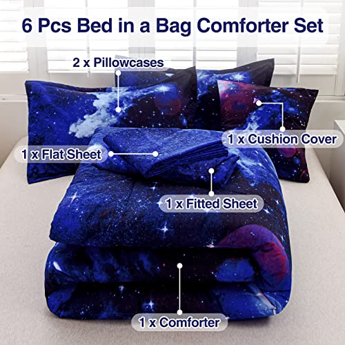 A Nice Night Galaxy 6Pcs Bedding Sets Outer Space Comforter Bed in a Bag 3D Printed Quilt,for Children Boy Girl Teen Kids,Full 6Pcs