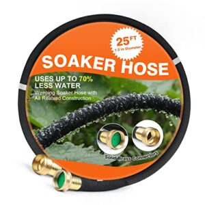 soaker hose 25 ft for garden 1/2" diameter irrigation hose save 70% of water solid brass interface eminently suitable for lawn and garden beds cover