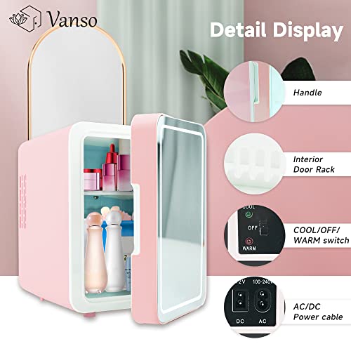 vanso Mini Fridge Portable Small Refrigerator Cooler or Warmer,4 Liter Portable Mini Fridge for Makeup, Skincare, Snacks, & More,Mini Mini Fridge for Bedroom or Vanity with Lighted Glass Surface, Pink