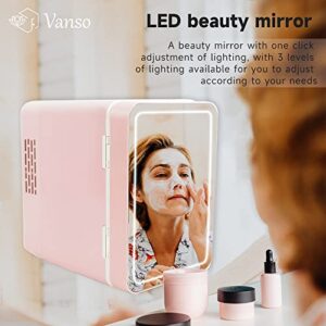 vanso Mini Fridge Portable Small Refrigerator Cooler or Warmer,4 Liter Portable Mini Fridge for Makeup, Skincare, Snacks, & More,Mini Mini Fridge for Bedroom or Vanity with Lighted Glass Surface, Pink