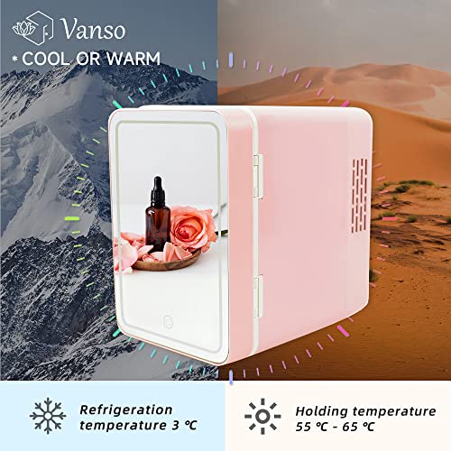 vanso Mini Fridge Portable Small Refrigerator Cooler or Warmer,4 Liter Portable Mini Fridge for Makeup, Skincare, Snacks, & More,Mini Mini Fridge for Bedroom or Vanity with Lighted Glass Surface, Pink