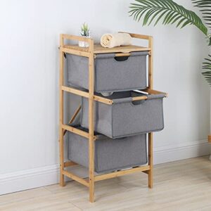 gdrasuya10 3 tier laundry basket bamboo storage shelf, bamboo laundry hamper shelf with 3 pull out drawers fabric baskets for bathroom living room bedroom