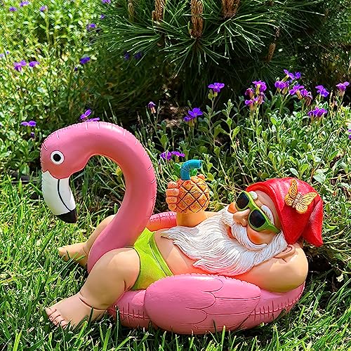 Mood Lab Garden Gnome on Flamingo - Funny Gnome Figurine - 8 Inch Depth Lawn Statue - for Outdoor or House Decor