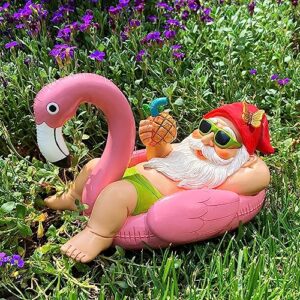 Mood Lab Garden Gnome on Flamingo - Funny Gnome Figurine - 8 Inch Depth Lawn Statue - for Outdoor or House Decor