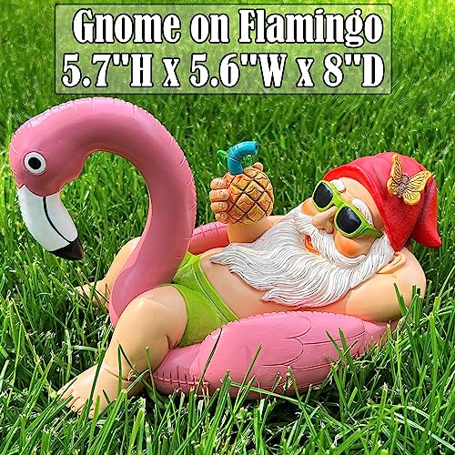 Mood Lab Garden Gnome on Flamingo - Funny Gnome Figurine - 8 Inch Depth Lawn Statue - for Outdoor or House Decor