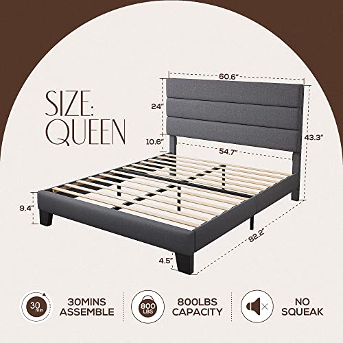 WEEWAY Queen Bed Frame Platform Bed with Linen Fabric Upholstered Headboard and Wooden Slats Support, Heavy Duty Mattress Foundation, No Box Spring Needed, Easy Assembly, Dark Grey
