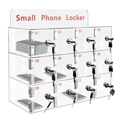 HaroldDol 12 Slots Acrylic Clear Cell Phone Locker Box with Door Locks and Keys, Wall-Mounted Cell Phones Storage Cabinet Pocket Storage Locker Box for Classroom Office (12 Slots)