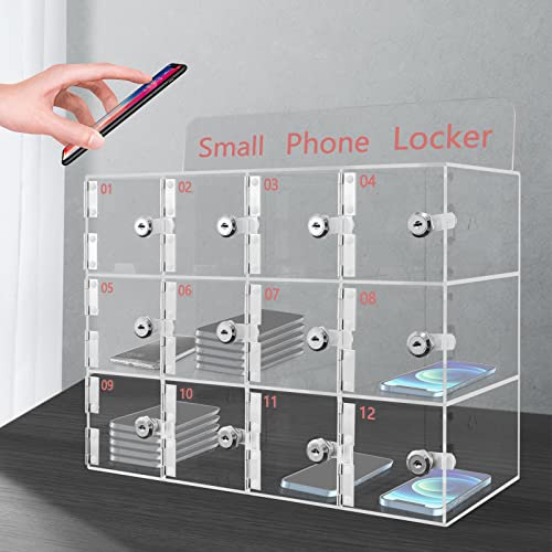 HaroldDol 12 Slots Acrylic Clear Cell Phone Locker Box with Door Locks and Keys, Wall-Mounted Cell Phones Storage Cabinet Pocket Storage Locker Box for Classroom Office (12 Slots)