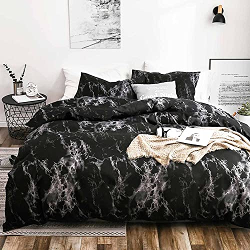 Faincy Queen Size Comforter Set, Black Marble Pattern Print Reversible Down Alternative Bed Sets - 90 x 90 3PC Soft Microfiber Duvet Modern Bedding in a Bag for Women Men