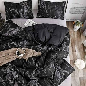 Faincy Queen Size Comforter Set, Black Marble Pattern Print Reversible Down Alternative Bed Sets - 90 x 90 3PC Soft Microfiber Duvet Modern Bedding in a Bag for Women Men